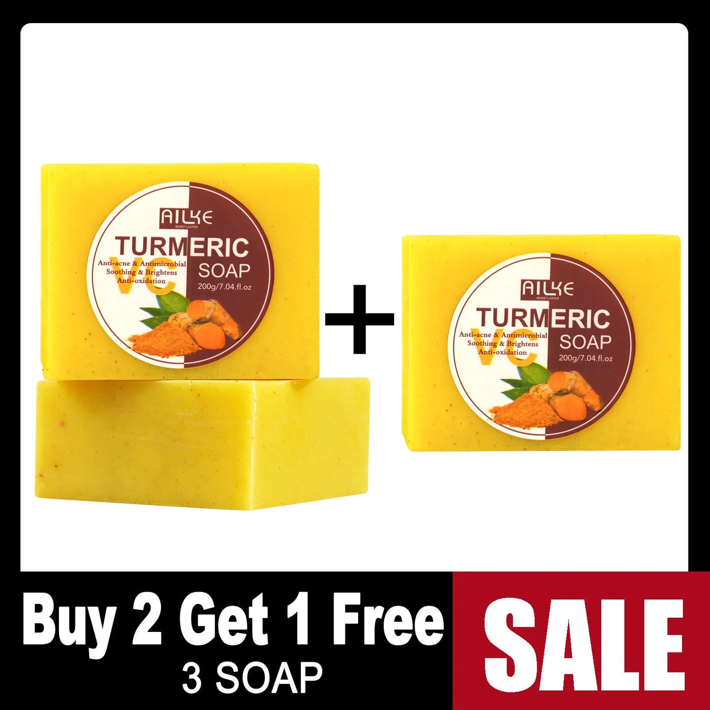 "AILKE Natural Turmeric Soap brightens, cleanses, and evens skin tone, reducing sun damage and age spots for a refreshed, glowing complexion."