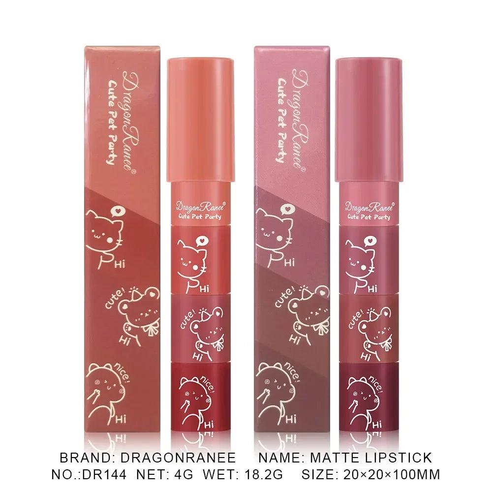 Cute Bear 4-in-1 Velvet Matte Lipstick offers long-lasting, waterproof color in vibrant shades.