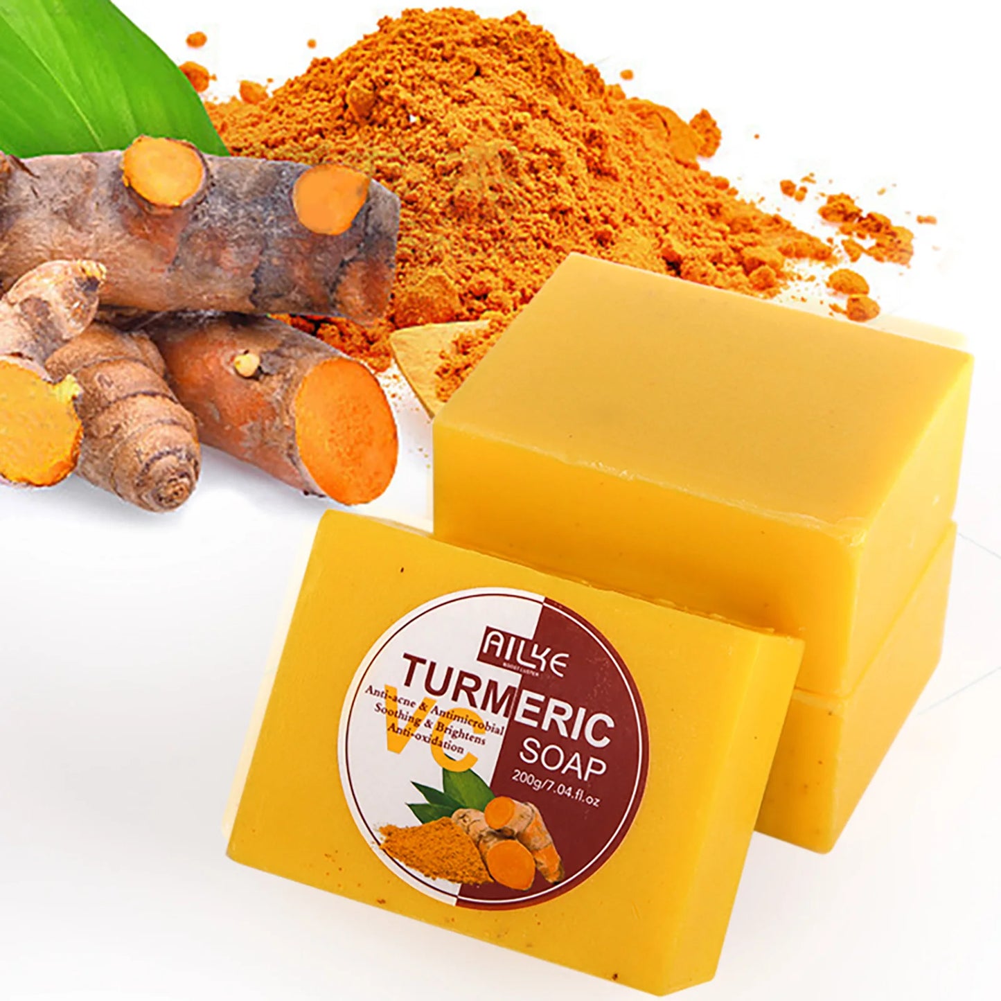 "AILKE Natural Turmeric Soap brightens, cleanses, and evens skin tone, reducing sun damage and age spots for a refreshed, glowing complexion."