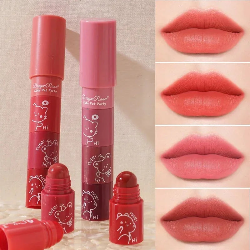 Cute Bear 4-in-1 Velvet Matte Lipstick offers long-lasting, waterproof color in vibrant shades.