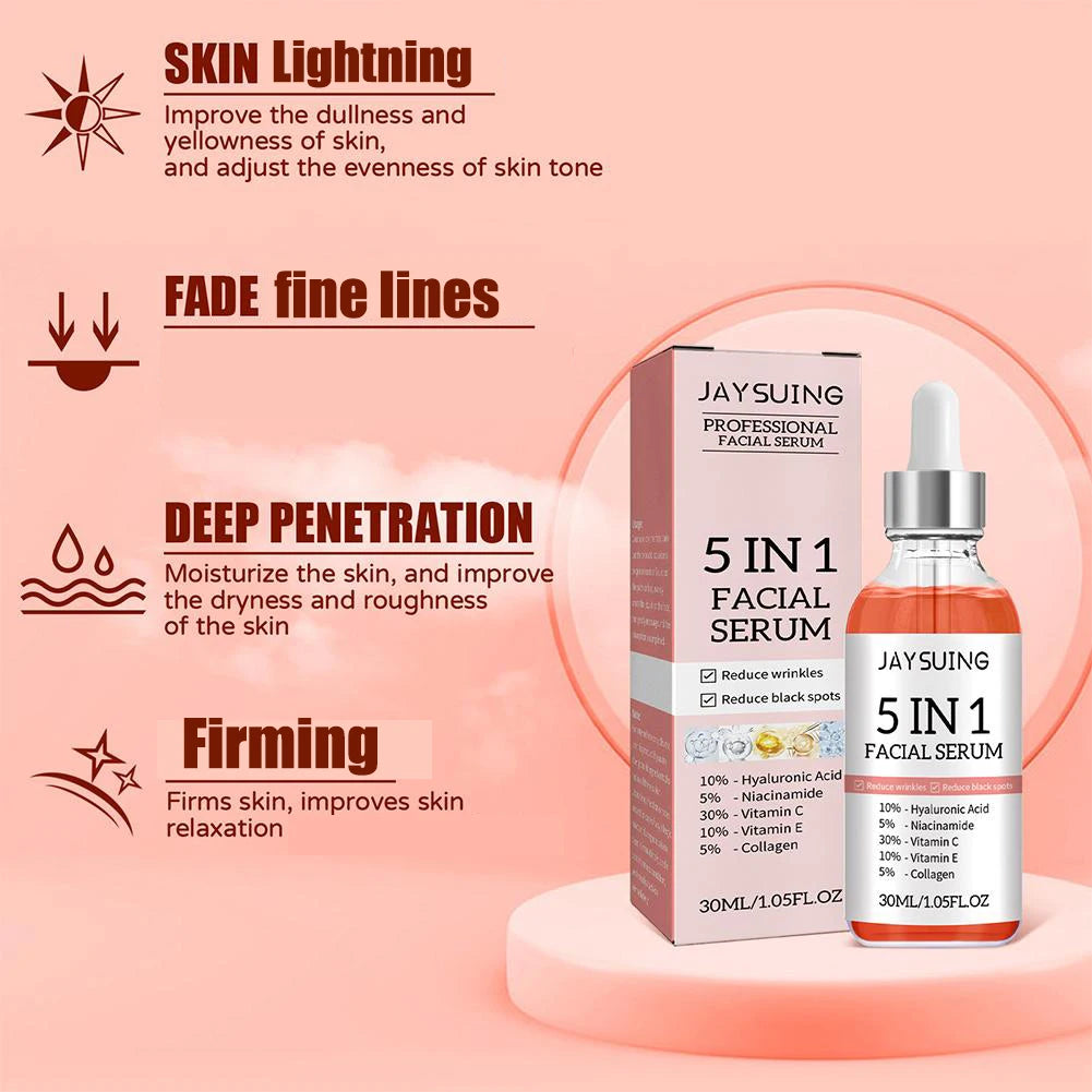 The 5-in-1 Face Serum combines Vitamin C and Hyaluronic Acid to hydrate, brighten, and firm the skin. It reduces fine lines, minimizes pores, and improves skin texture for a smoother, youthful glow.