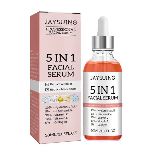 The 5-in-1 Face Serum combines Vitamin C and Hyaluronic Acid to hydrate, brighten, and firm the skin. It reduces fine lines, minimizes pores, and improves skin texture for a smoother, youthful glow.