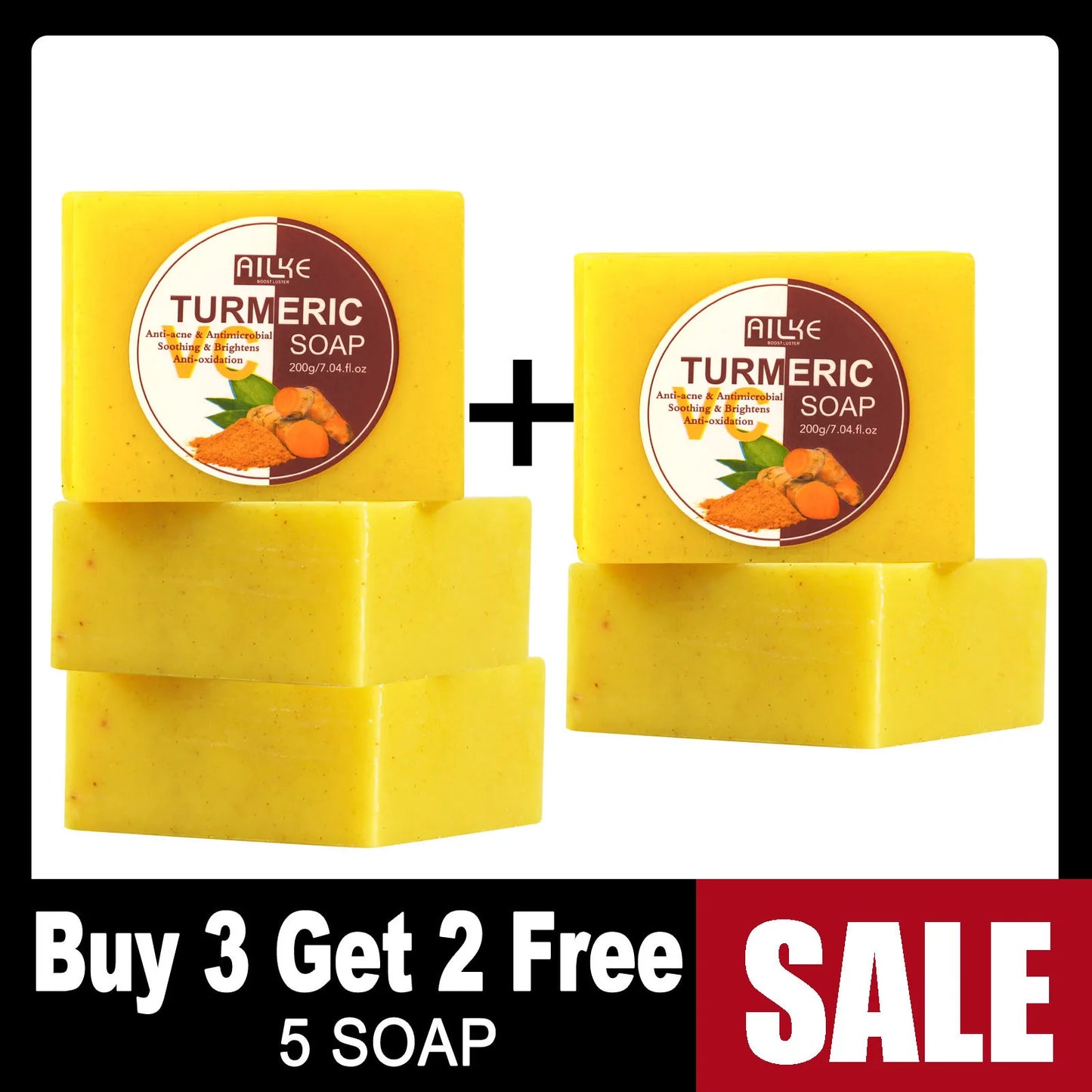 "AILKE Natural Turmeric Soap brightens, cleanses, and evens skin tone, reducing sun damage and age spots for a refreshed, glowing complexion."