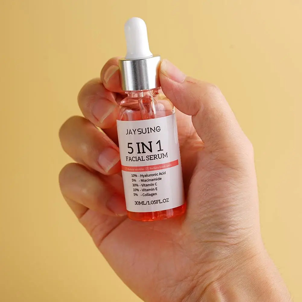 The 5-in-1 Face Serum combines Vitamin C and Hyaluronic Acid to hydrate, brighten, and firm the skin. It reduces fine lines, minimizes pores, and improves skin texture for a smoother, youthful glow.