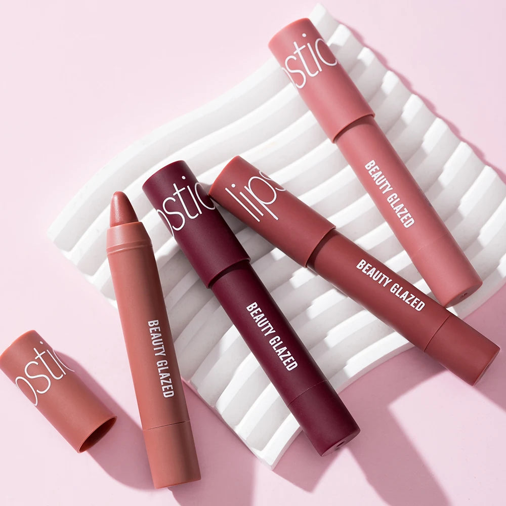 Beauty Glazed Matte Lipstick Pencil offers 12 vibrant, long-lasting shades with a velvet finish.