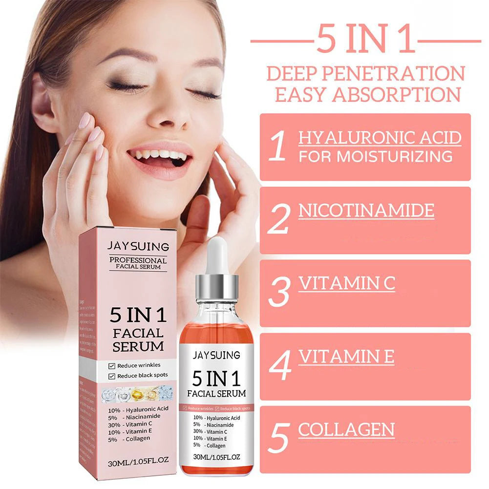 The 5-in-1 Face Serum combines Vitamin C and Hyaluronic Acid to hydrate, brighten, and firm the skin. It reduces fine lines, minimizes pores, and improves skin texture for a smoother, youthful glow.