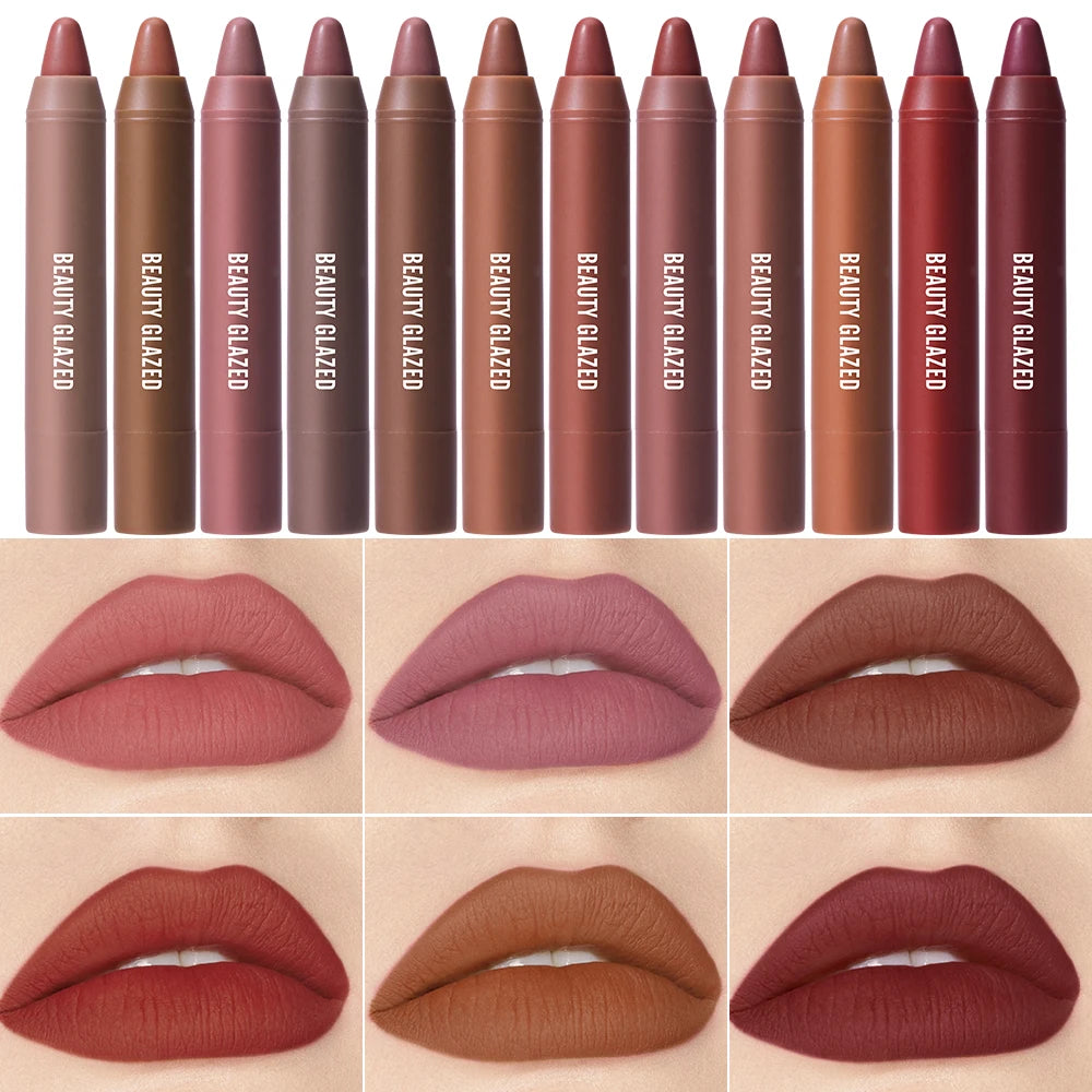 Beauty Glazed Matte Lipstick Pencil offers 12 vibrant, long-lasting shades with a velvet finish.