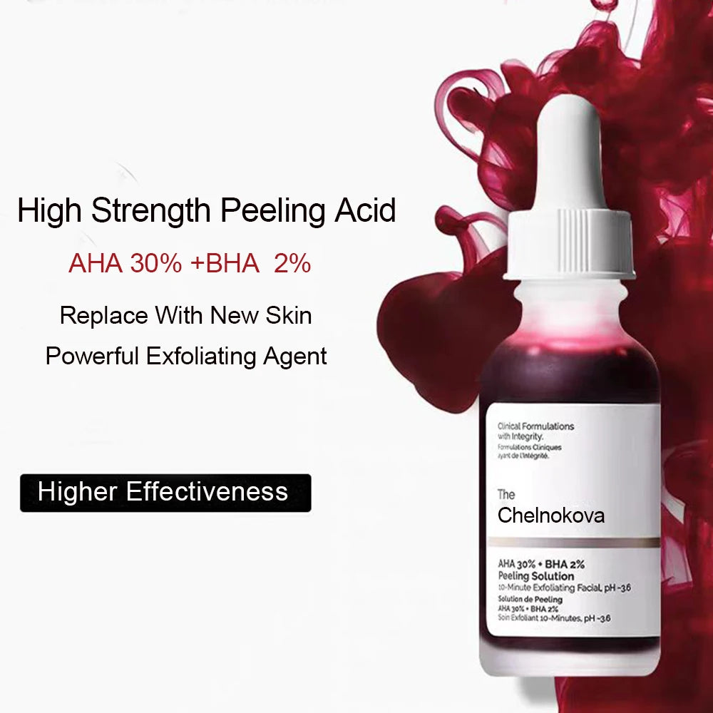 "Chelnokova Ordinary AHA Serum (30% AHA + 2% BHA) exfoliates and refines skin texture for a brighter, smoother complexion."