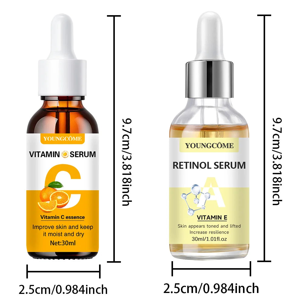 The 2pcs Vitamin C & Retinol Serum is expertly formulated with Vitamin C and Retinol to hydrate, smooth fine lines, and reduce wrinkles, promoting a rejuvenated and flawless complexion. Ideal for maintaining smooth, youthful