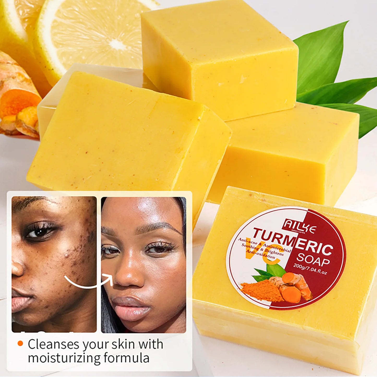 "AILKE Natural Turmeric Soap brightens, cleanses, and evens skin tone, reducing sun damage and age spots for a refreshed, glowing complexion."