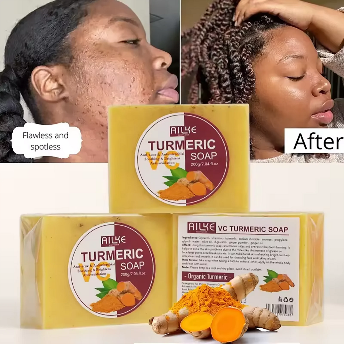 "AILKE Natural Turmeric Soap brightens, cleanses, and evens skin tone, reducing sun damage and age spots for a refreshed, glowing complexion."