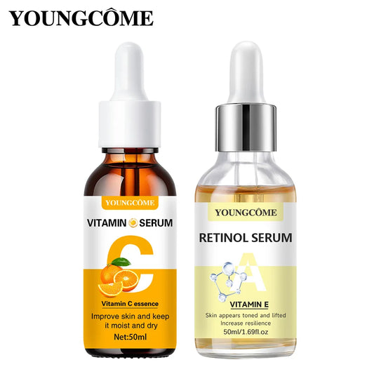 The 2pcs Vitamin C & Retinol Serum is expertly formulated with Vitamin C and Retinol to hydrate, smooth fine lines, and reduce wrinkles, promoting a rejuvenated and flawless complexion. Ideal for maintaining smooth, youthful