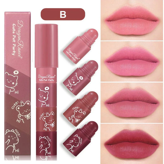 Cute Bear 4-in-1 Velvet Matte Lipstick offers long-lasting, waterproof color in vibrant shades.