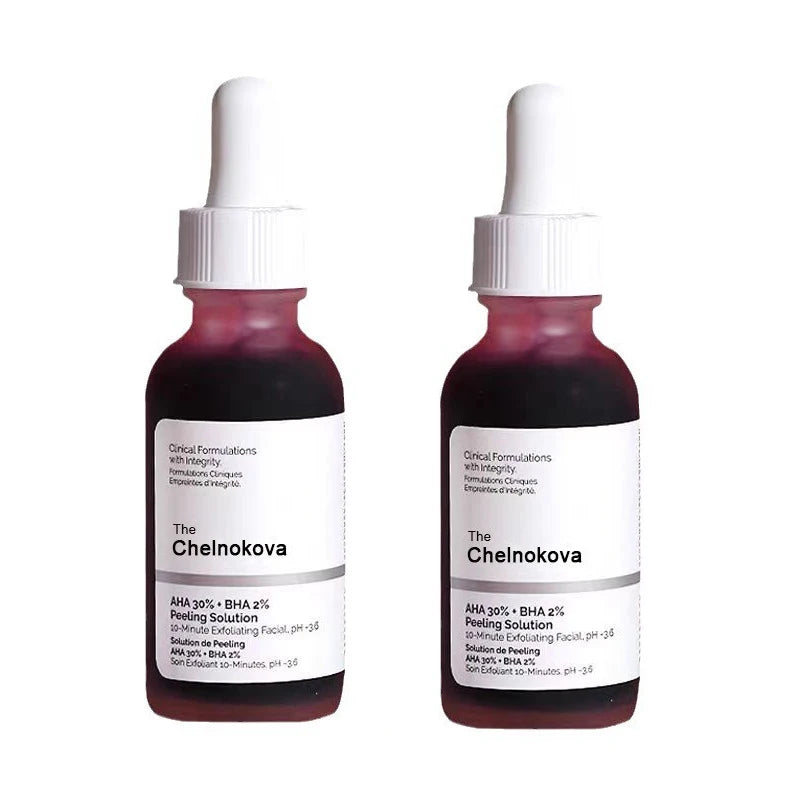 "Chelnokova Ordinary AHA Serum (30% AHA + 2% BHA) exfoliates and refines skin texture for a brighter, smoother complexion."